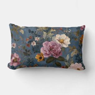 Navy Blue Watercolor Floral Boho Vintage Decor Lumbar Cushion