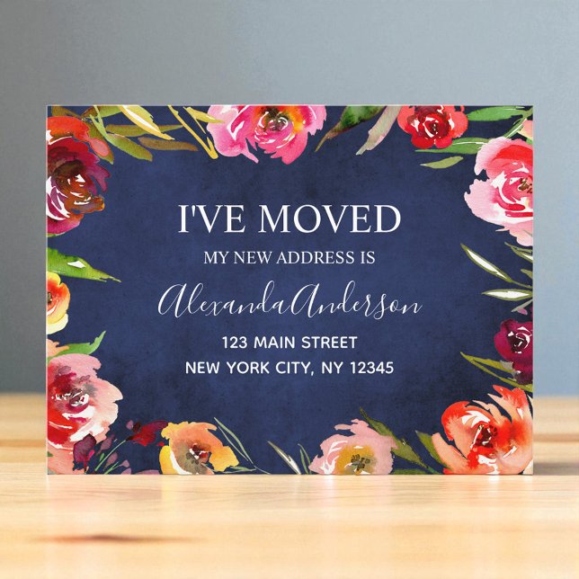 Navy Blue Watercolor Floral Moving Announcement (Creator Uploaded)