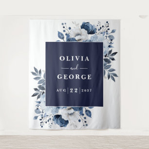 Navy Blue Watercolor Floral Photo Booth Backdrop Tapestry