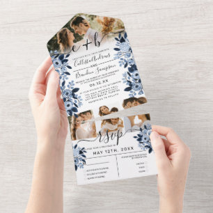 Navy Blue Watercolor Floral Photo Wedding RSVP All All In One Invitation