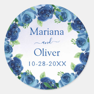 Navy Blue Watercolor Floral Wedding Classic Round  Classic Round Sticker