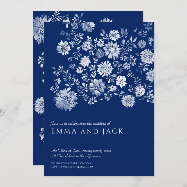 Navy Blue Watercolor Floral Wedding Invitation (Front/Back)