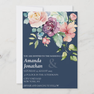 Navy Blue Watercolor Floral Wedding Invitation