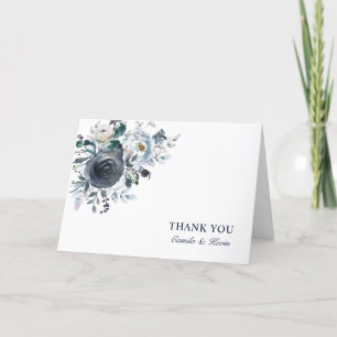 Navy Blue Watercolor Floral Wedding   PHOTO Thank You Card