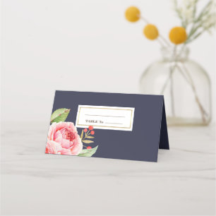 Navy Blue Watercolor Floral Wedding Place Card