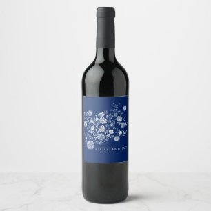 Navy Blue Watercolor Floral Wine Label