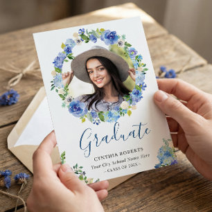 Navy Blue Watercolor Floral Wreath Graduate Photo Invitation