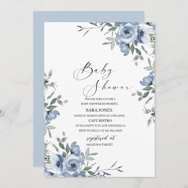 Navy blue watercolor flowers and leaves Bridal Sho Invitation (Front/Back)