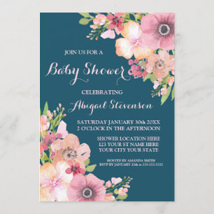 Navy Blue Watercolor Flowers Baby Shower Invitation