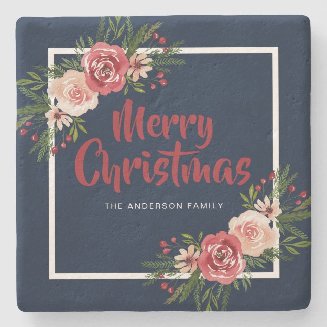 Navy Blue Watercolor Flowers Christmas Stone Coaster (Front)