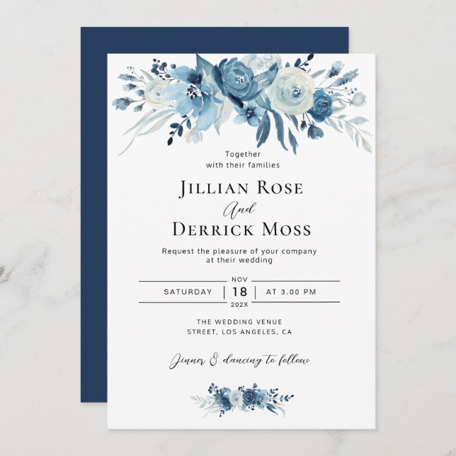 navy blue watercolor flowers wedding invitation (Front/Back)