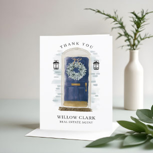 Navy Blue Watercolor Front Door & Wreath Thank You Card