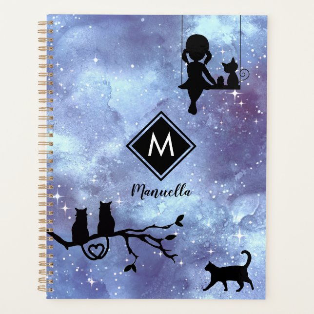 Navy Blue Watercolor Galaxy Girl Customisable Planner (Front)