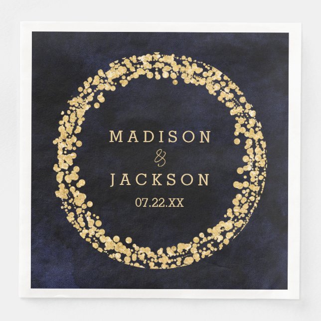 Navy Blue Watercolor & Gold Confetti Wedding Napkin (Front)