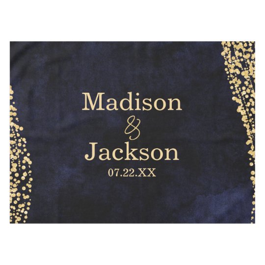 Navy Blue Watercolor & Gold Glam Wedding Monogram Tablecloth