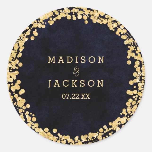 Navy Blue Watercolor & Gold Monogram Wedding Classic Round Sticker (Front)