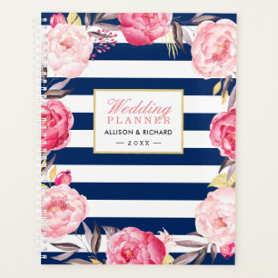 Navy Blue Watercolor Gold Pink Floral Wedding Planner
