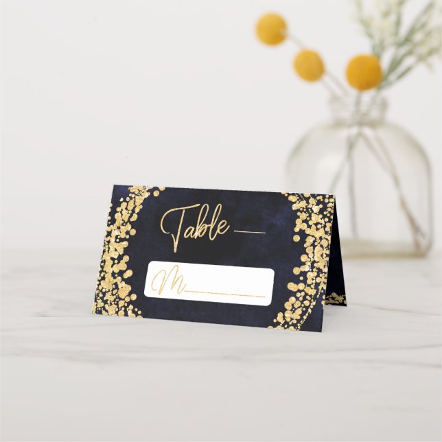 Navy Blue Watercolor & Gold Seating Table Number Place Card (Front)