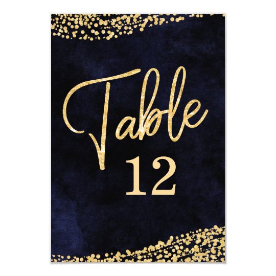 Navy Blue Watercolor & Gold Table Number Seating Card