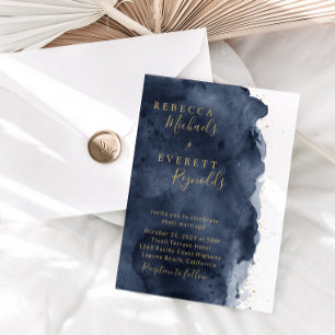 Navy Blue Watercolor & Gold Wedding Invitation