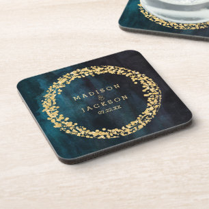 Navy Blue Watercolor & Gold Wedding Monogram Coaster