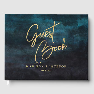 Navy Blue Watercolor & Gold Wedding Monogram Guest Book