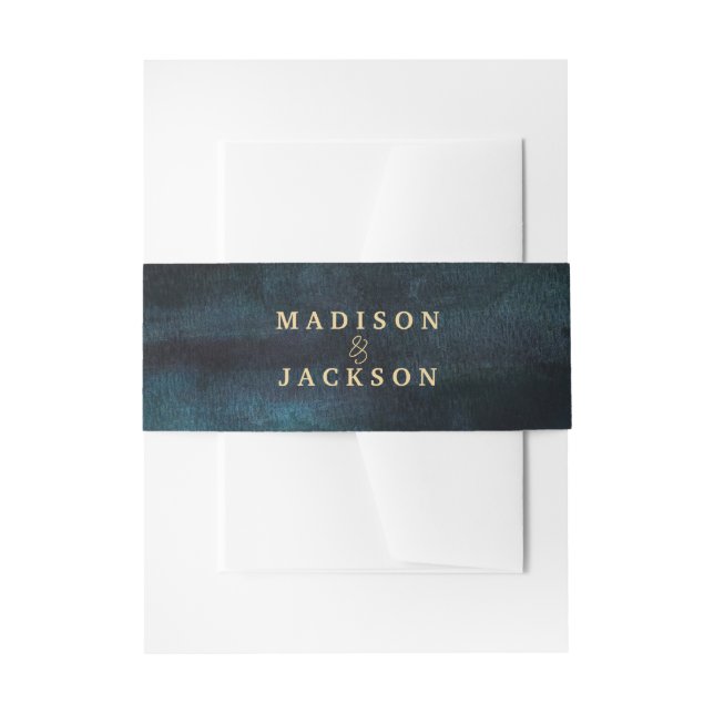 Navy Blue Watercolor & Gold Wedding Monogram Invitation Belly Band (Front Example)