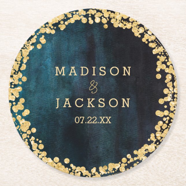 Navy Blue Watercolor & Gold Wedding Monogram Round Paper Coaster (Front)