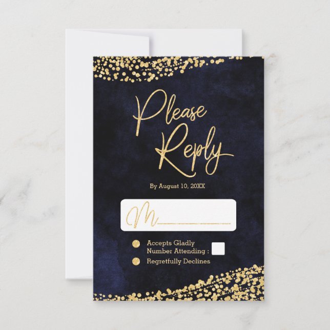 Navy Blue Watercolor & Gold Wedding Reply RSVP (Front)