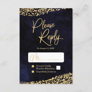 Navy Blue Watercolor & Gold Wedding Reply RSVP Card