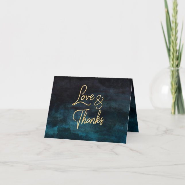 Navy Blue Watercolor & Gold Wedding Thank You Card (Front)