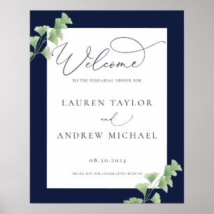 Navy Blue Watercolor Greenery Rehearsal Dinner Poster