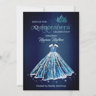 Navy blue Watercolor hand drawn ball dress Quince Invitation