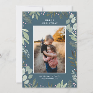 Navy Blue Watercolor Merry Christmas Photo Card