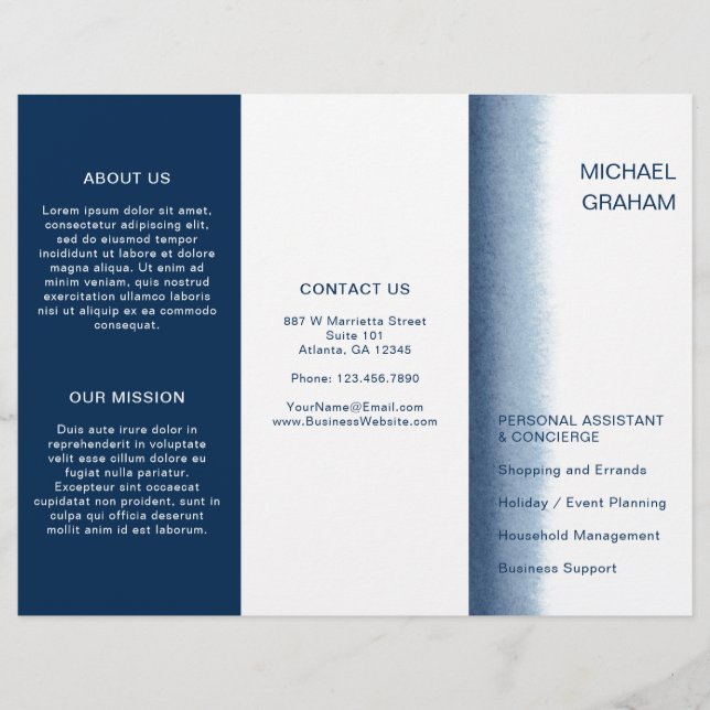 Navy Blue Watercolor Modern Business Brochure (Front)