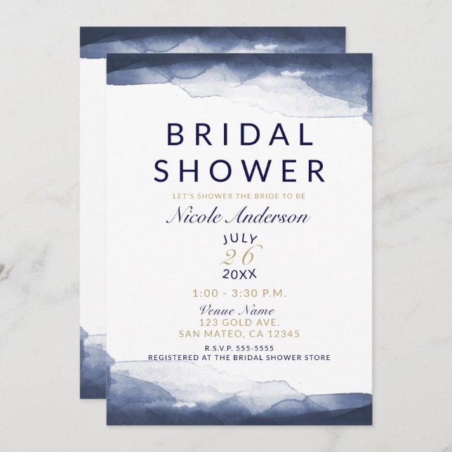 Navy Blue Watercolor Modern Chic Bridal Shower Invitation (Front/Back)