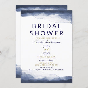 Navy Blue Watercolor Modern Chic Bridal Shower Invitation