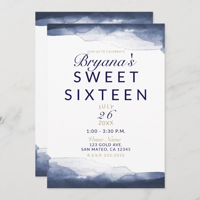 Navy Blue Watercolor Modern Chic Sweet 16 Party Invitation (Front/Back)