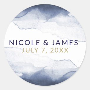 Navy Blue Watercolor Modern Chic Wedding Classic Round Sticker