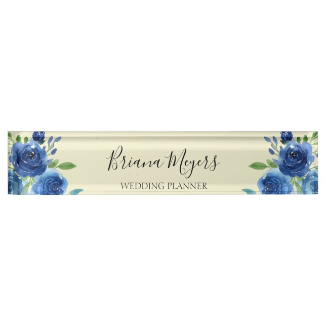 Navy Blue Watercolor Modern Floral  Business Nameplate (Front)