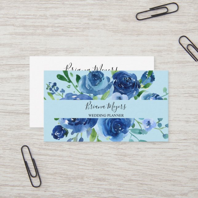 Navy Blue Watercolor Modern Floral Script Business Card (Front/Back In Situ)