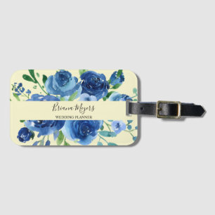 Navy Blue Watercolor Modern Floral Yellow Luggage Tag