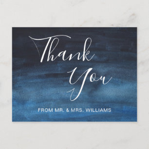 Navy Blue Watercolor Modern Wedding Thank You Postcard