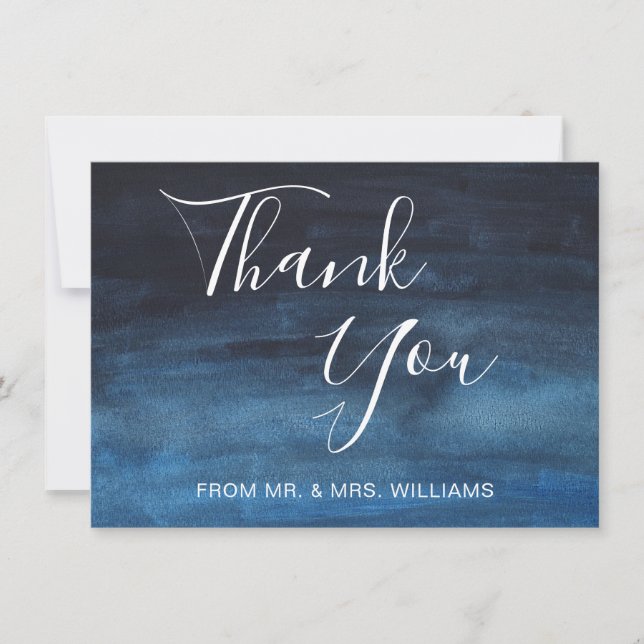 Navy Blue Watercolor Modern Winter Wedding Thank You Card (Front)