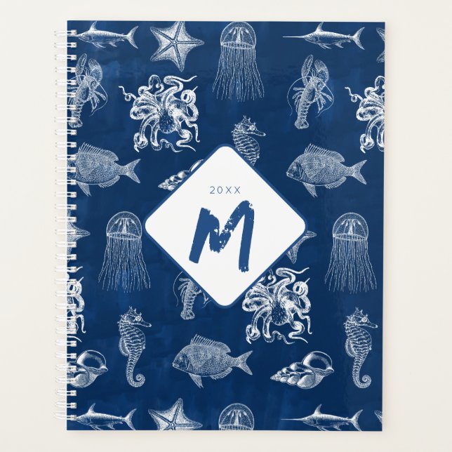 Navy Blue Watercolor Ocean Marine Animals Monogram Planner (Front)