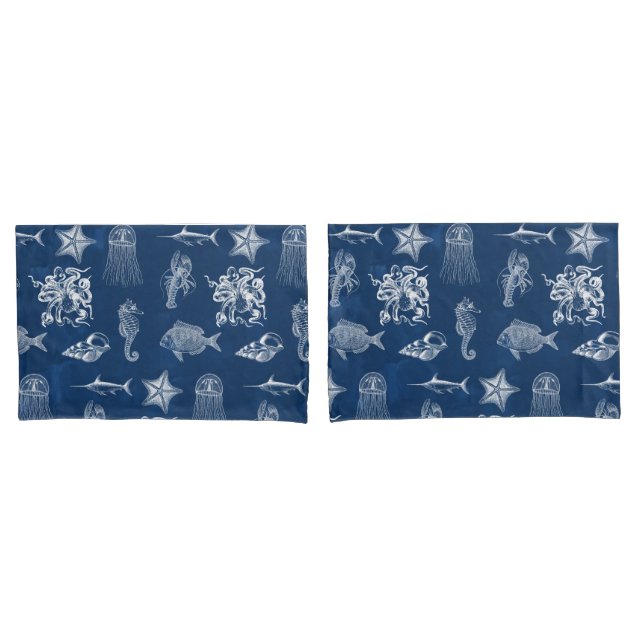 Navy Blue Watercolor Ocean Marine Animals Pillowcase (Front-Set)