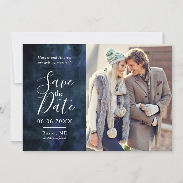 Navy Blue Watercolor Photo Collage Save the Date (Front)