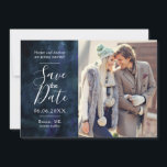 Navy Blue Watercolor Photo Collage Save the Date<br><div class="desc">Elegant and modern save the date card for your navy blue wedding! The background is done in beautiful watercolor. You can add your own engagement photos. Add your wedding date, city & state, website etc. This card is 2-sided and on the back you can add additional two pictures (square) and...</div>