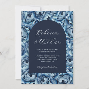 Navy Blue Watercolor Rose Floral Photo Wedding Invitation