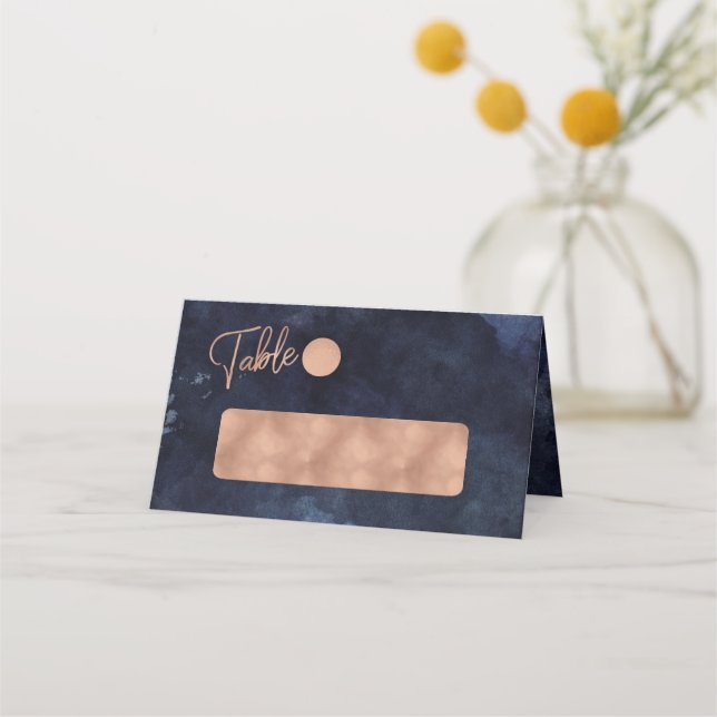 Navy Blue Watercolor & Rose Gold Table Number Place Card (Front)